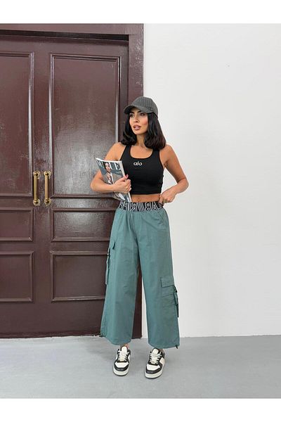 Zeo Basic Parachute Fabric Waist and Leg Elastic Detail Cargo Pants