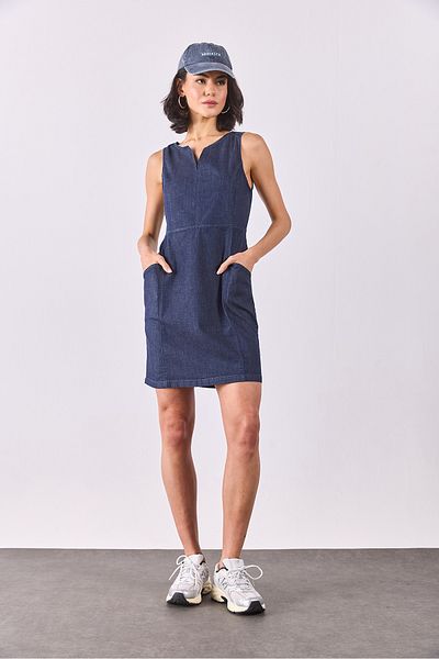 VENA Rochie de jeans fără mâneci, albastru închis, slim fit - ALBASTRU ÎNCHIS