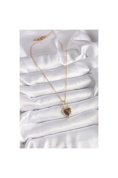 Marsilyan 316L Steel Gold Color Chain Lock Heart Amber Bead Model Women's Necklace - Tj-Bko9496