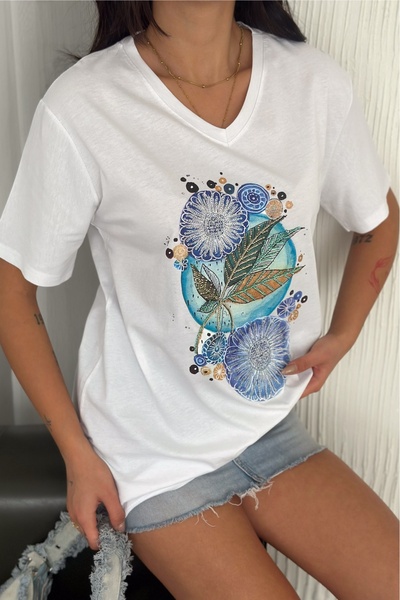 FEMELLE Women's White V-Neck Plus Size Leaf Pattern Sequin Sequin Embroidered 100% Cotton Plus Size T-Shirt