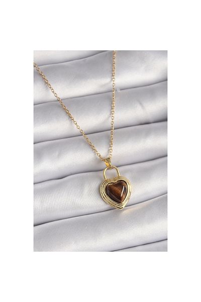 Marsilyan 316L Steel Gold Color Chain Lock Heart Amber Bead Model Women's Necklace - Tj-Bko9496