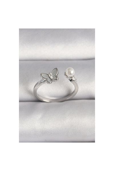 Marsilyan Brass Silver Color Zircon Stone Detailed White Enamel Butterfly Figure Pearl Detail Adjustable Ring - Tj-