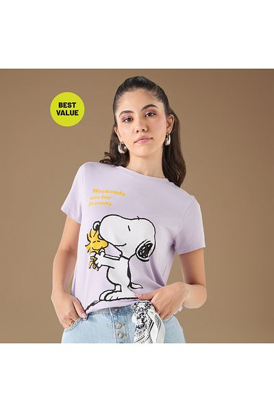 SP Characters Snoopy Dog Print Crew Neck T-shirt with Short Sleeves
