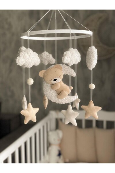 hobiimobiii Dönence (MÜZİKLİ) Bebek beşik süsü keçe dönence Teddy buklet kumaş uyuyan ayıcık