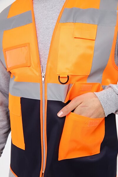 Çamdalı İş Elbiseleri Engineer Warning Vest Orange Navy Blue Color Combination with Zipper Pockets