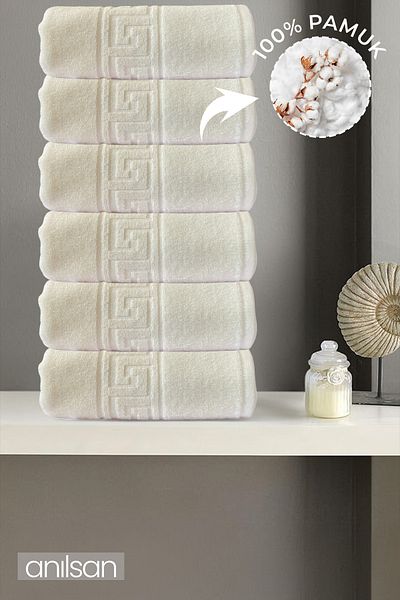 Anılsan Σετ 6 πετσετών χεριών Greek Cream - 50x90 cm, 225 gr, 100% βαμβάκι, πετσέτες σπα και ξενοδοχείου, κατάλληλες για καθημερινή χρήση