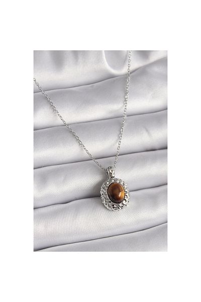Marsilyan 316L Steel Silver Color Chain Amber Bead Model Women's Necklace - Tj-Bko9491