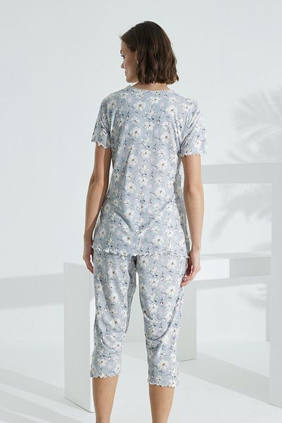 Anastasia Underwear Pajama Suit Capri Short Sleeve Front Half Buttoned Lace Flower Pattern Quality Model