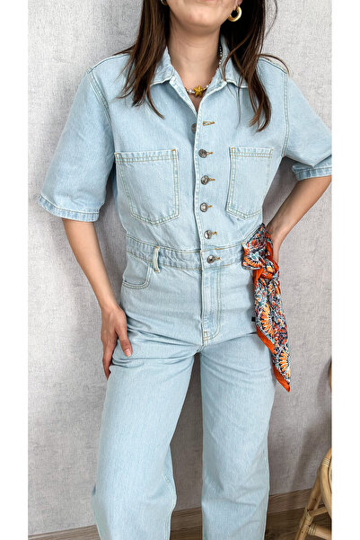 biumi butik kadın kısa kollu jean tulum