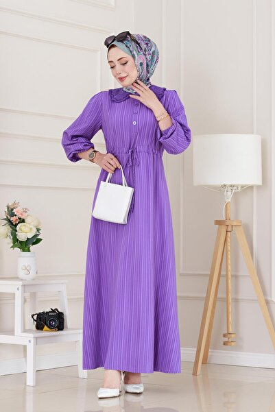 Sevitli Yakası Güpür Nova Elbise-Lila