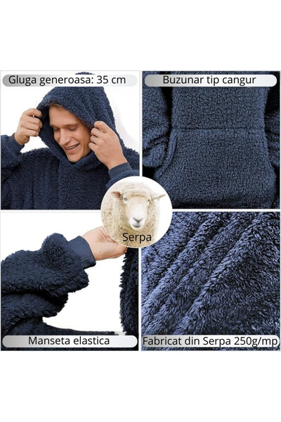 OEM Blanket with sleeves, sweatshirt type, with hood and kangaroo pocket, Flannel 250g/sqm 135 cm, Blue