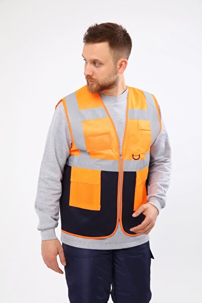 Çamdalı İş Elbiseleri Engineer Warning Vest Orange Navy Blue Color Combination with Zipper Pockets