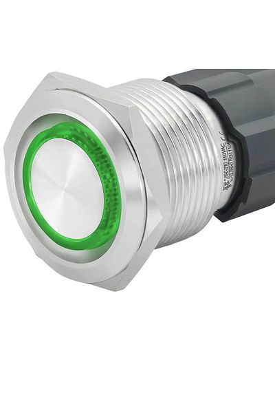 CLASSLIGHTS Buton metalic 22mm cu REȚINERE, 220V-10A, LED verde, ștecher inclus, ElectroAZ