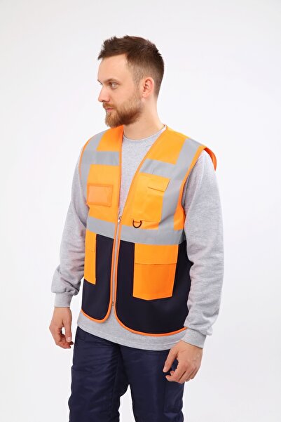 Çamdalı İş Elbiseleri Engineer Warning Vest Orange Navy Blue Color Combination with Zipper Pockets