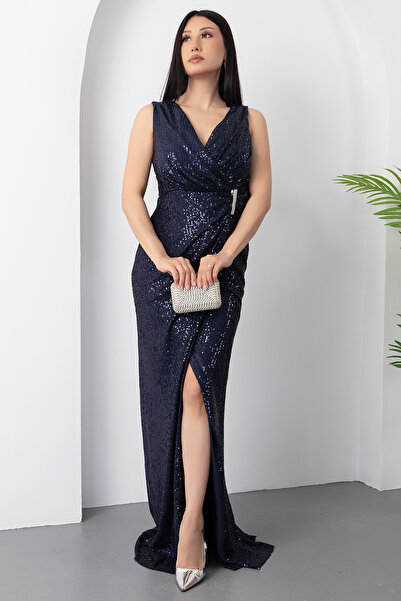 PULLIMM Anvelop Yaka Sıfır Kol Tokalı Pulpayet Abiye Elbise 13462