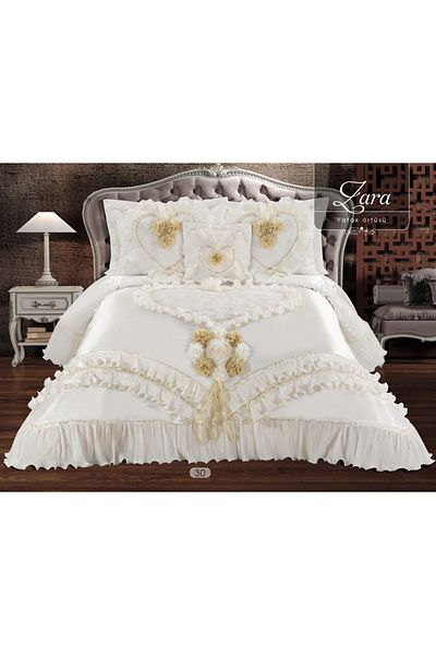 BALADI HOME High Quality Dowry Bed Cover - French Lace and Quilted, Set 4 Pieces