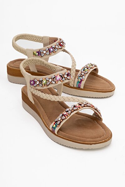 LuviShoes Бежеві жіночі босоніжки YUAN з сітчастою застібкою з каменем