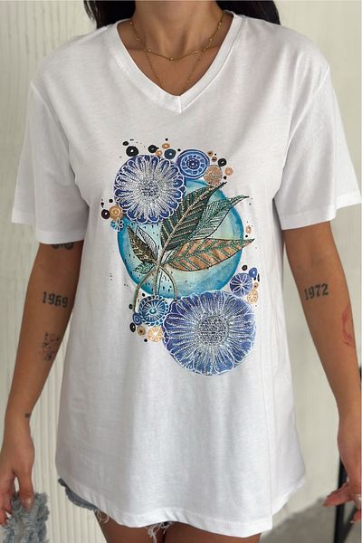 FEMELLE Women's White V-Neck Plus Size Leaf Pattern Sequin Sequin Embroidered 100% Cotton Plus Size T-Shirt