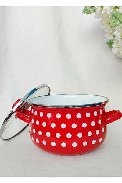EBRULİEMAYE Red Polka Dot Enamel Pot 3 Liters of Milk Yogurt Meal Stew Pot