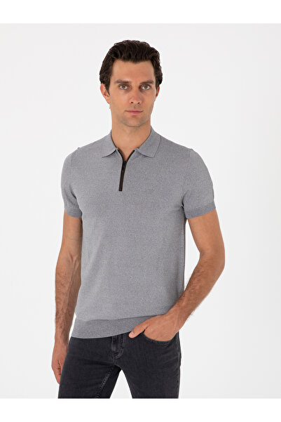 Cacharel Gray Slim Fit Zippered Polo Neck Knitwear T-Shirt 50300817-Vr024
