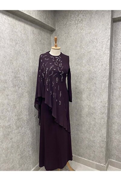 Famelin 24y727 Abiye Taşlı Kolu Pelerinli Mürdüm