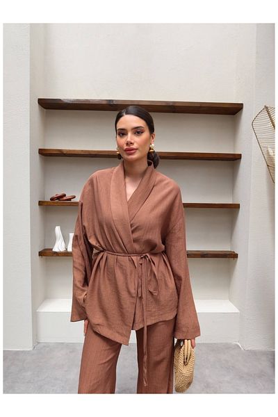 ESRAHELVACI Shawl Collar Tie-Up Shirt Pants Set