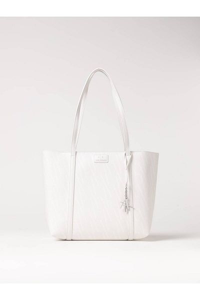 Armani Exchange Women's Ax Text Patterned Leather Silver Accessory Detailed Large White Shoulder Bag Xw 001199   Af15325-F0009