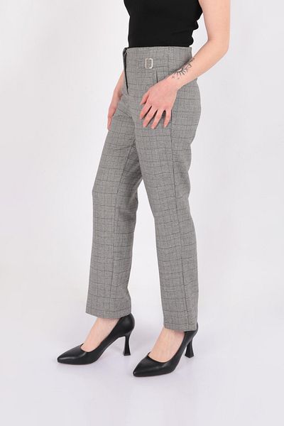AYHAN Plaid Fabric Buckle Detail Carrot Leg Trousers