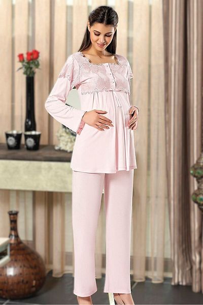 Pelin Women's Powder Lace Detailed Maternity 3-Piece Pajama Set