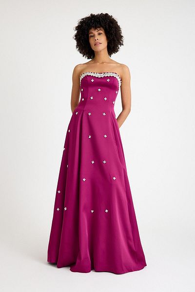 SpringStore Plum Strapless Satin Evening Dress with Stone Embroidered Collar