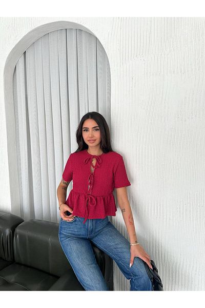 Noa Noa Tie Front Short Sleeve Embossed Pattern Blouse
