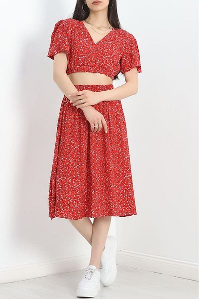 sharin Women's Summer V Neck Crop Double Skirt Blouse Floral Print Set 3C-2320