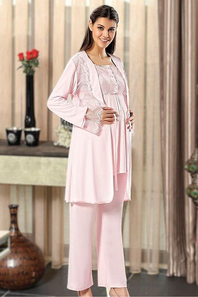 Pelin Women's Powder Lace Detailed Maternity 3-Piece Pajama Set