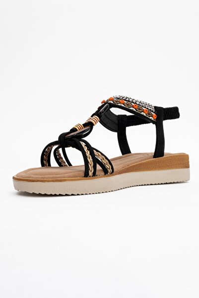 LuviShoes Cher Black Knitted Banded Stone Buckle Women's Sandals