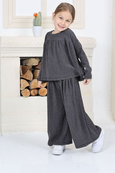 TOFİSA Girl's Anthracite Girl's Square Collar Embroidered Blouse and Loose Trousers Bottom Top Set - 26815