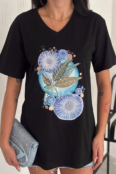 FEMELLE Tricou de damă, negru, cu decolteu în V, cu model de frunze, cu paiete, brodat 100% bumbac