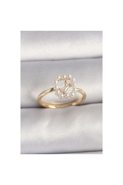 Marsilyan Brass Gold Color Zircon Stone Detailed Adjustable Ring with Pearl - Tj-Byk3541
