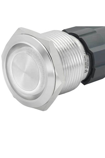 CLASSLIGHTS Buton metalic 22mm cu REȚINERE, 220V-10A, LED alb, ștecher inclus, ElectroAZ