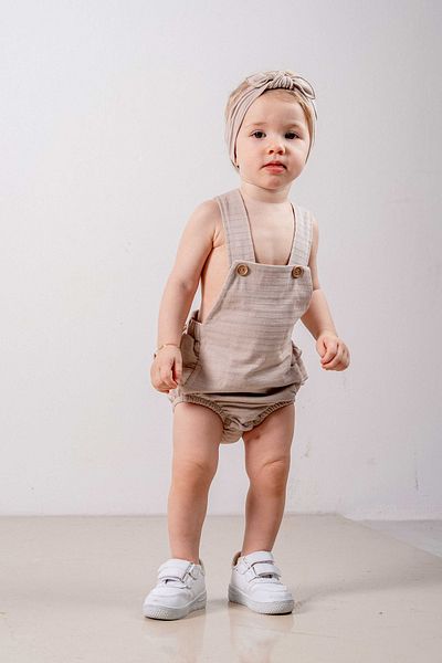 bombe Baby Kids Beige Cotton Comfortable Salopet Jumpsuit 2-Piece Set Trend Fashion Bottom Top Set