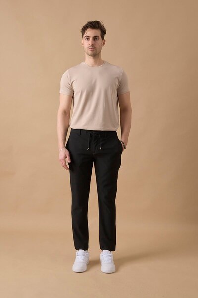 BRACCAS Erkek Slim Fit Beli Bağlamalı Dokulu Siyah Pantolon