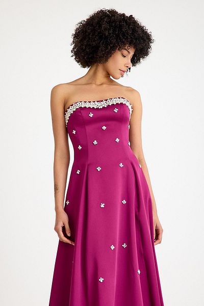 SpringStore Plum Strapless Satin Evening Dress with Stone Embroidered Collar
