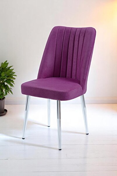 MYMASSA Vento Sandalye - Jerika Mor Kumaş - Metal Krom Ayak - Mutfak Sandalyesi - Salon Sandalyesi