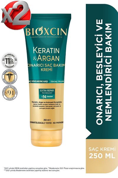 Bioxcin Keratin and Argan Repair Hair Care Cream - 2 Pieces, 250 ML, Damaged and Sensitive Hair