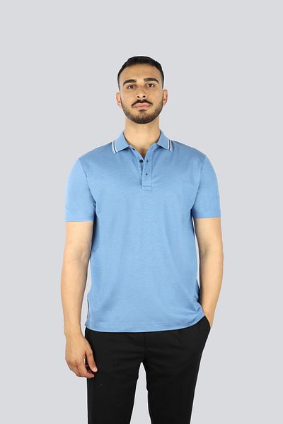 PAUL&SHARK Men's Polo Neck Short Sleeve Blue Polo Neck T-Shirt with Line Pattern on the Collar Part 25411203 -337