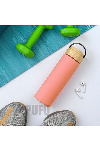 PUFO Termos metalic Traveler cu capac etanș din bambus, izotermic, 500 ml, roz