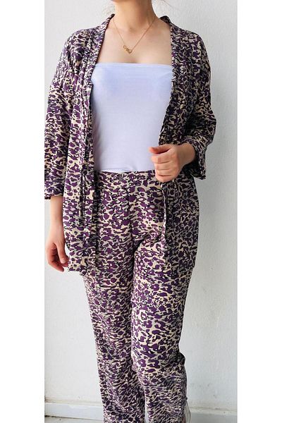 LAVİN GİYİM Women's Half Sleeve Purple-Cream Colored Patterned Kimono Set