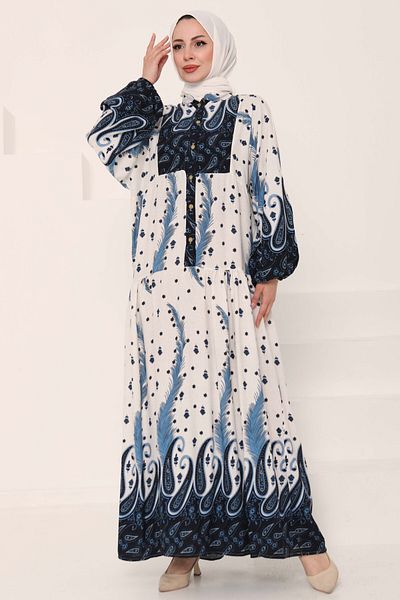 TOFİSA Patterned Buttoned Dress Navy Blue - 27040