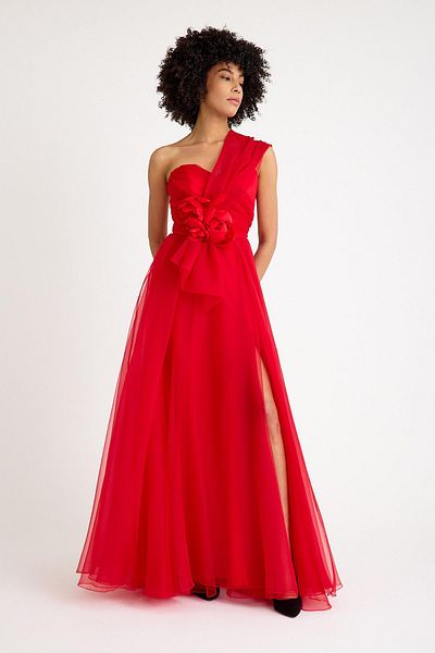 SpringStore Red One Shoulder Tulle Evening Dress