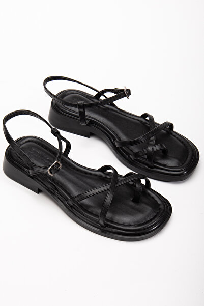 DENORA Μαύρα ματ δερμάτινα πέδιλα με λεπτή σόλα με λουράκι