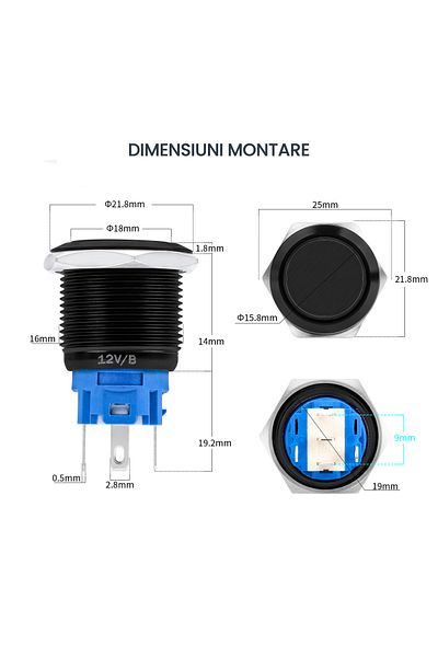 CLASSLIGHTS Buton negru 19mm cu revenire și LED albastru, ElectroAZ
